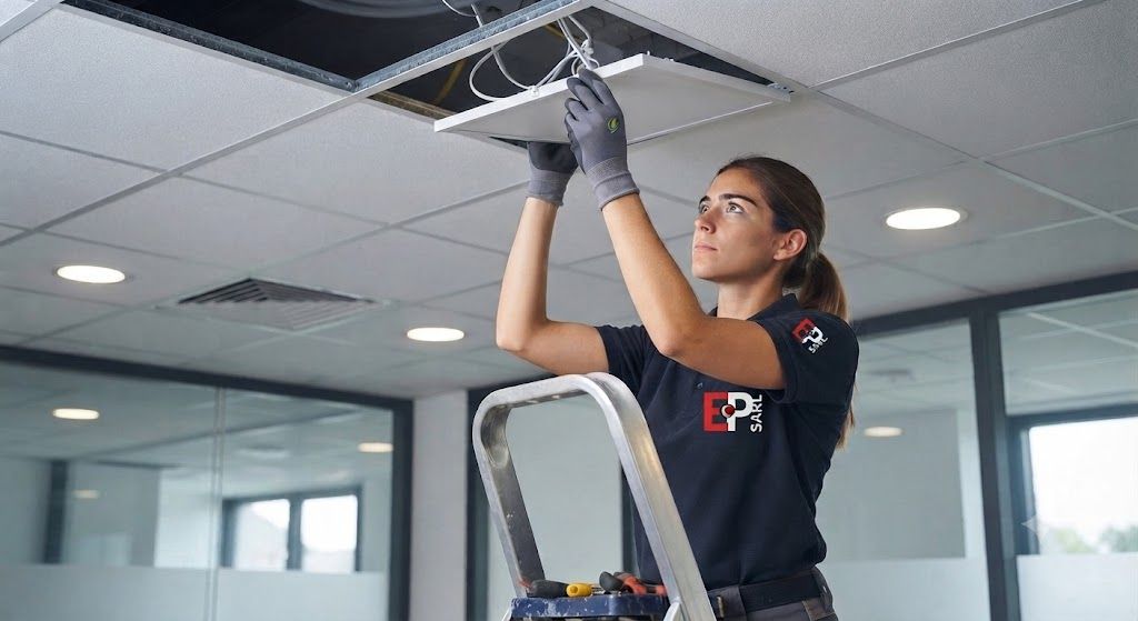 Électricienne SARL ECP installant un caisson d'éclairage en faux plafond